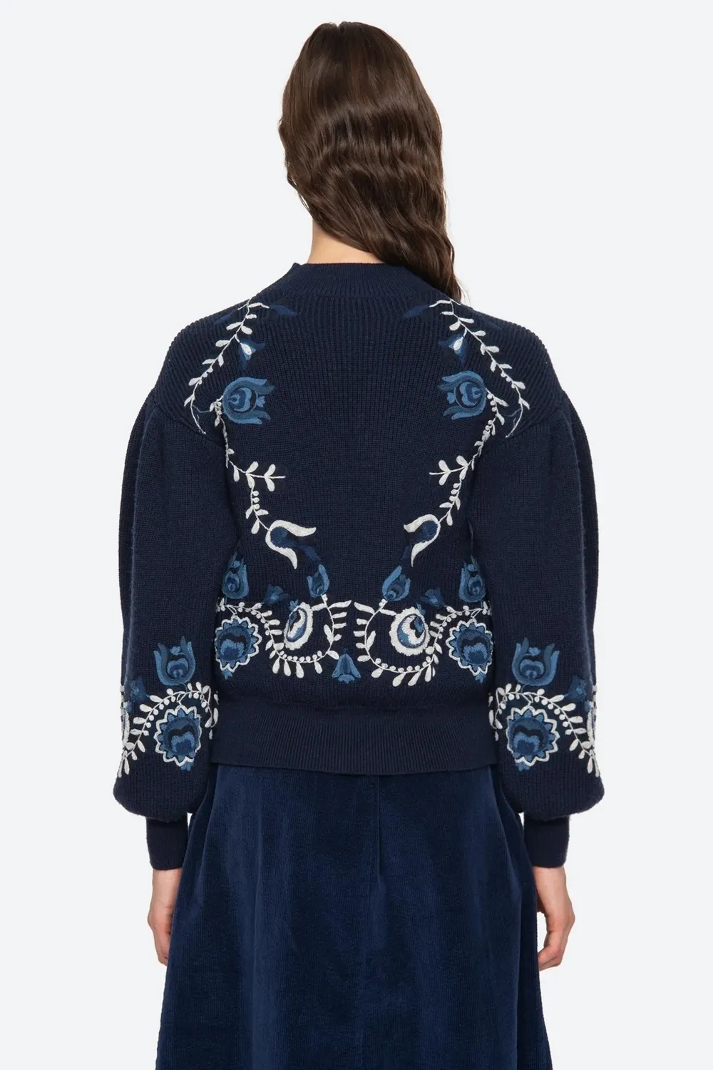 Inga Embroidery Long Sleeve High Neck Sweater in Navy