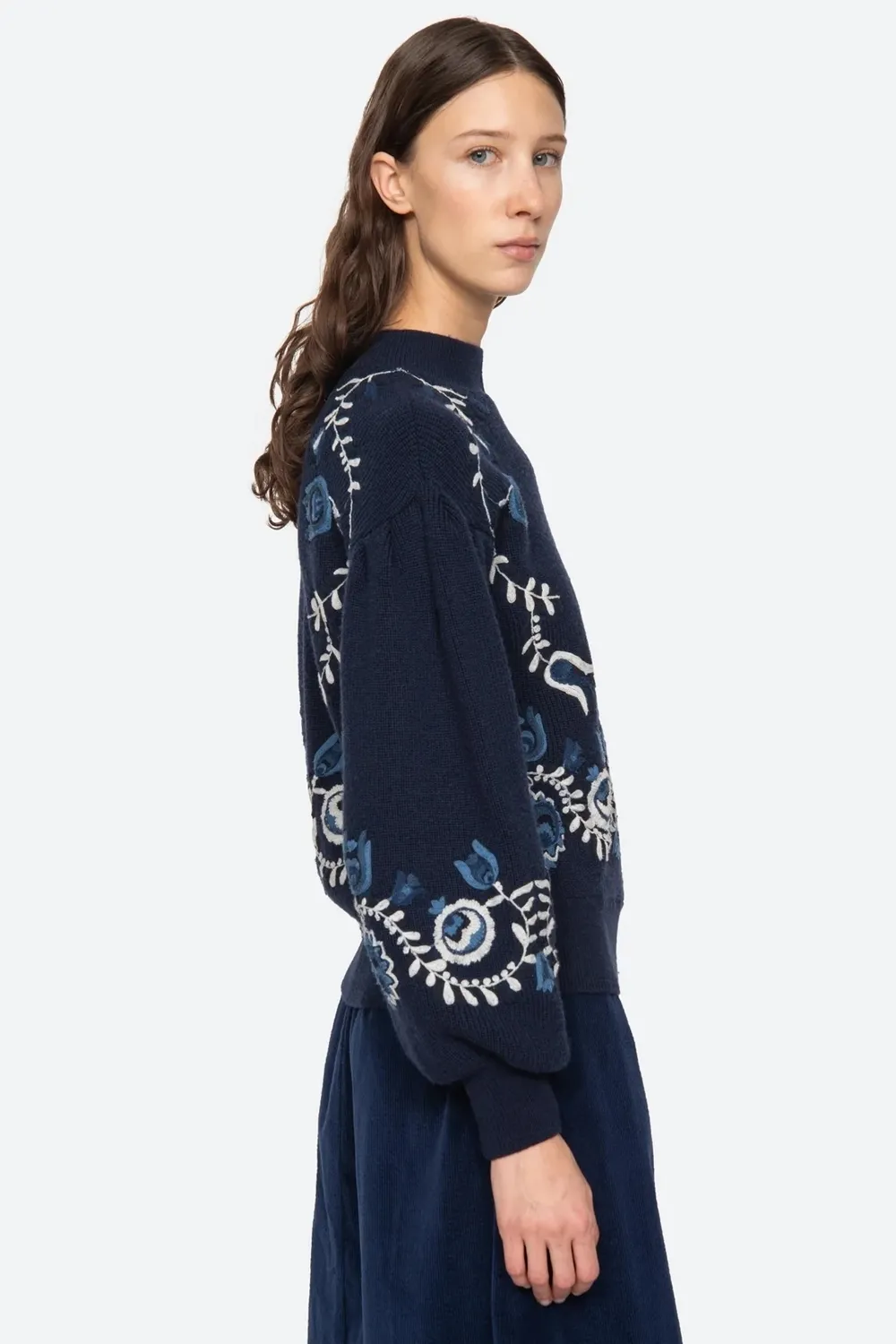 Inga Embroidery Long Sleeve High Neck Sweater in Navy