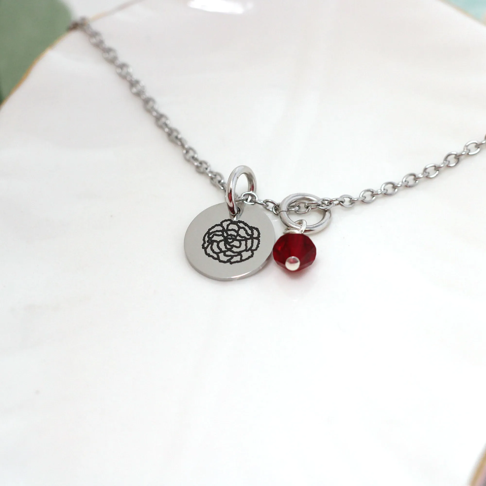 January Carnation Birth Flower Charm Necklace