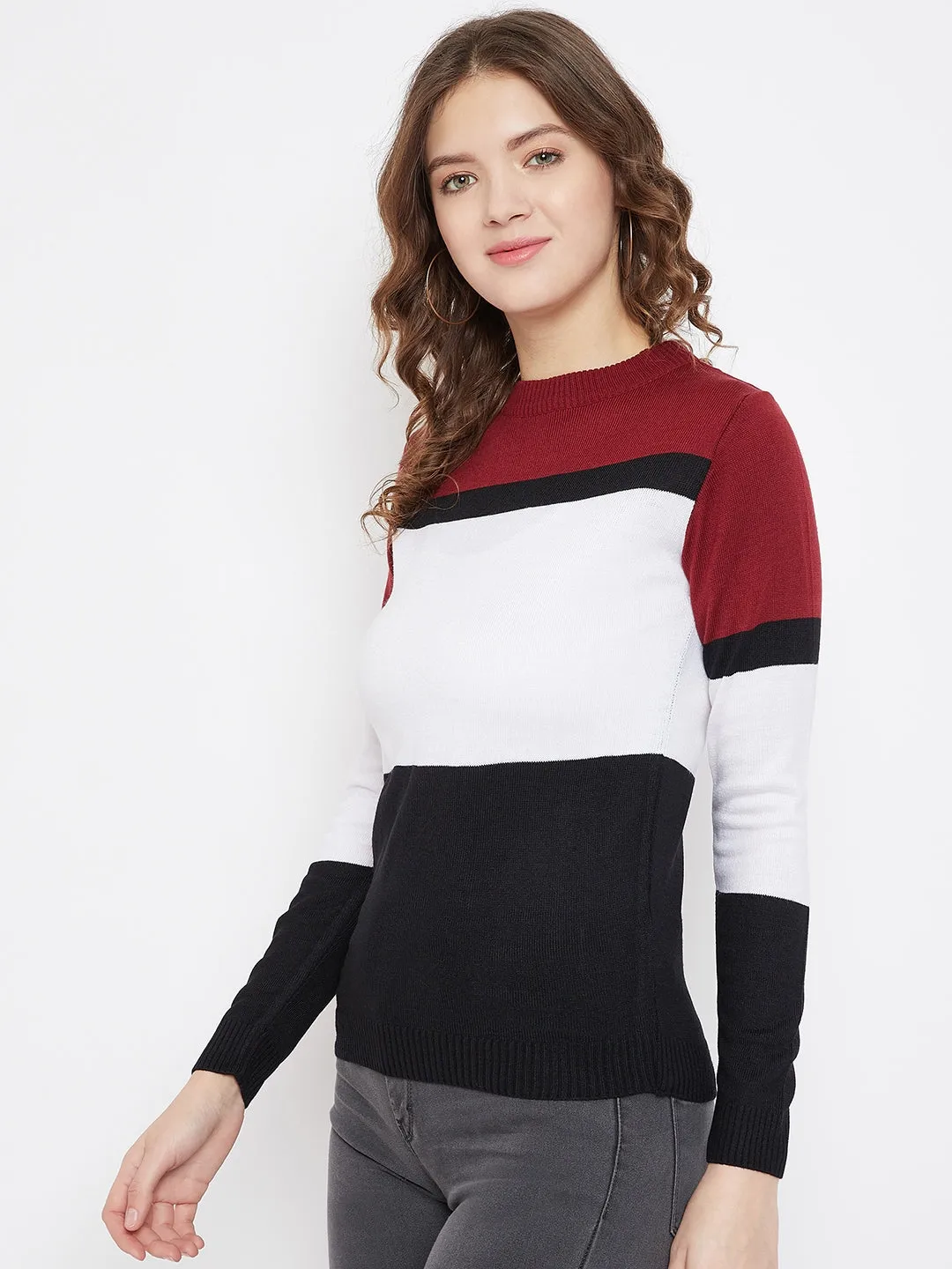 JUMP USA Women Black & White Colourblocked Pullover Sweater