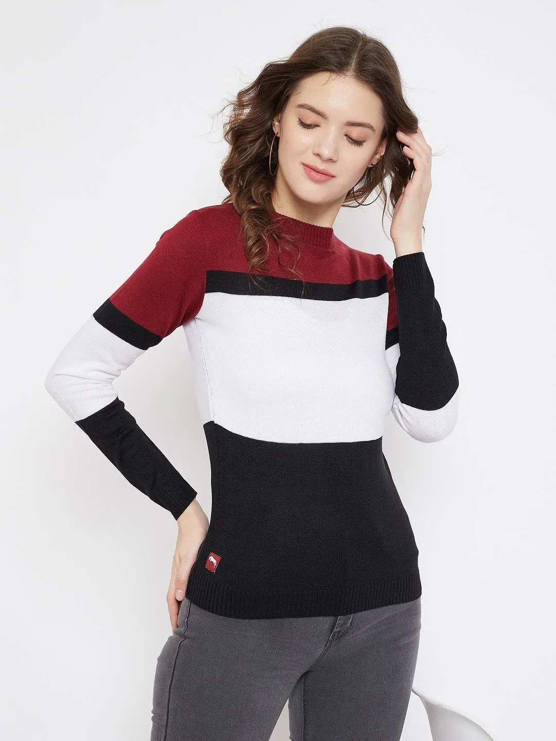 JUMP USA Women Black & White Colourblocked Pullover Sweater