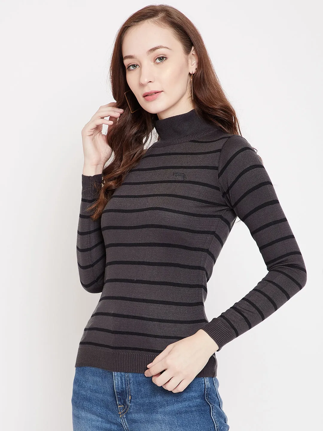 JUMP USA Women Grey Striped Pullover Sweater