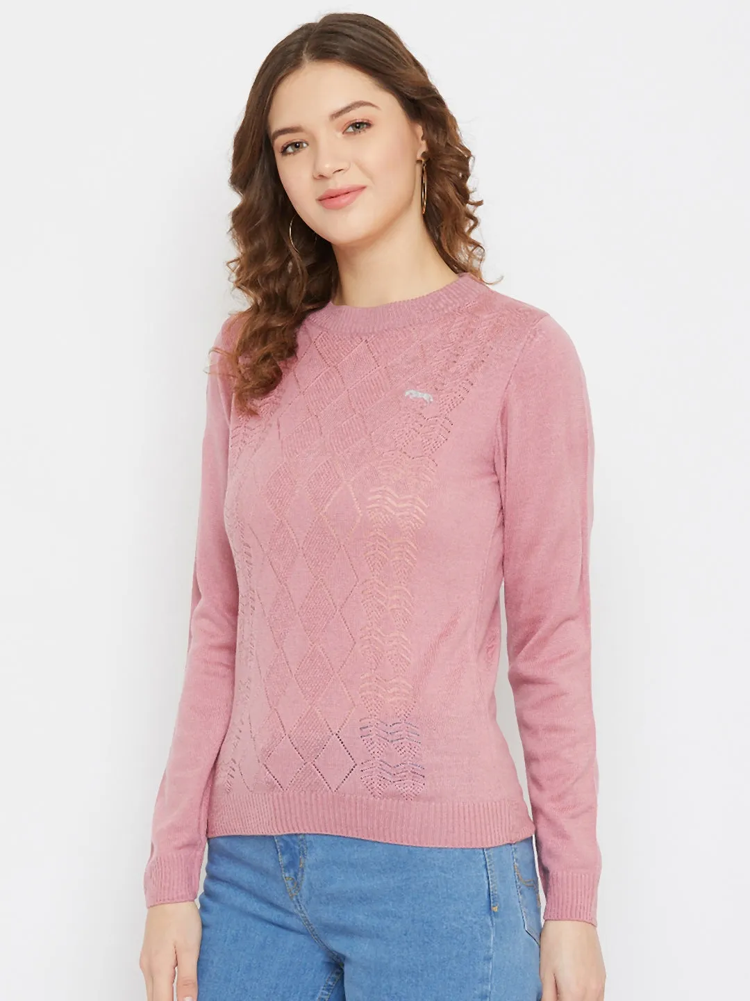 JUMP USA Women Pink Self Design Pullover Sweater