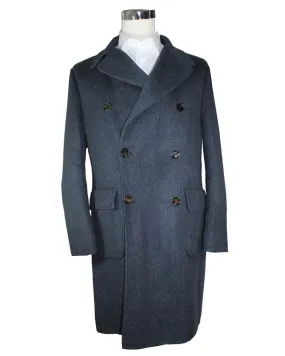 Kired Cashmere Coat Dark Blue Gray Herringbone Double Breasted Overcoat EU 50 / M