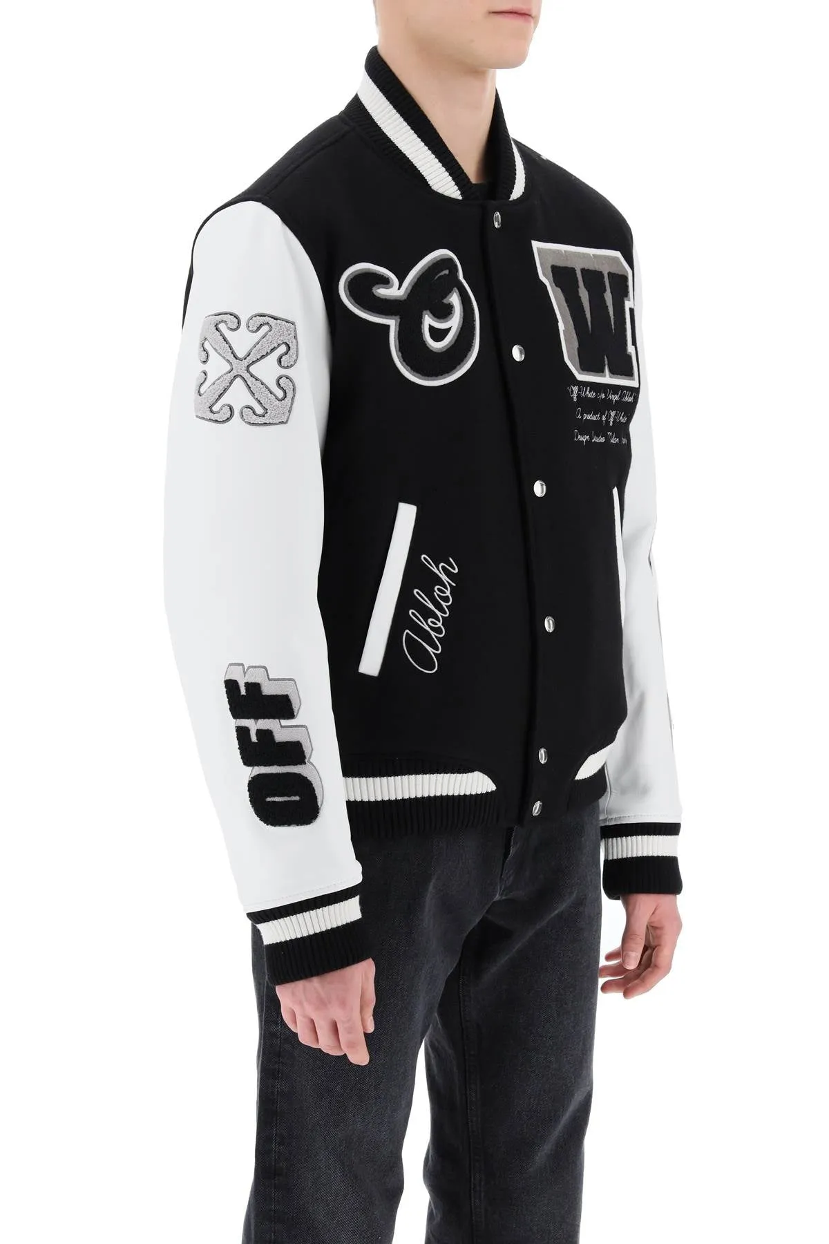 lea varsity bomber jacket OMJA122C99LEA002 BLACK BLACK