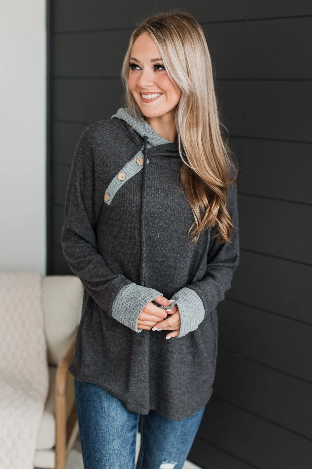 Lead By Example Hooded Knit Top- Charcoal