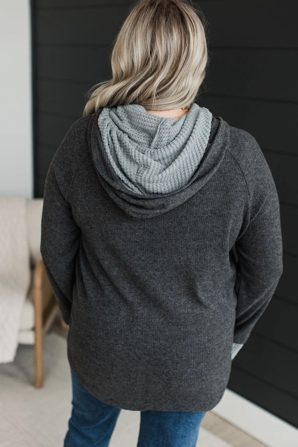 Lead By Example Hooded Knit Top- Charcoal