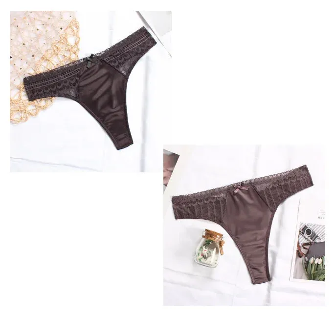 Luxury Silk Panties Lace Mesh Bow Seamless Thong