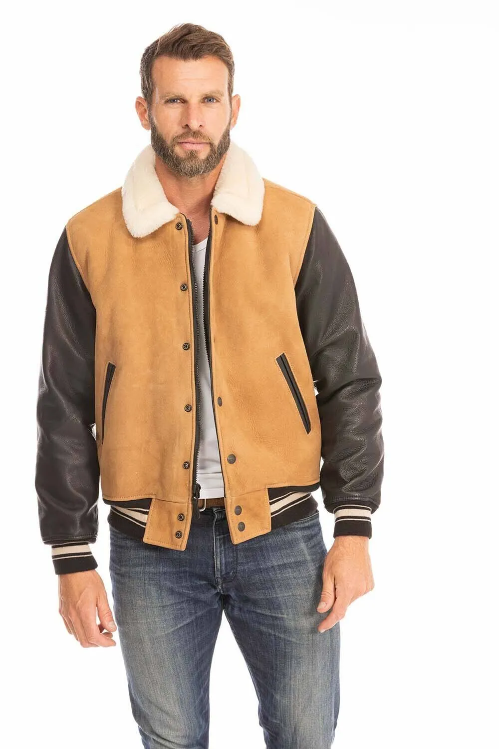 Men's tan and black leather jacket cockpit'usa z21a108