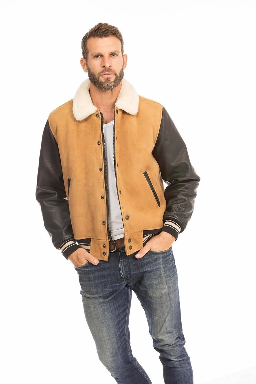 Men's tan and black leather jacket cockpit'usa z21a108