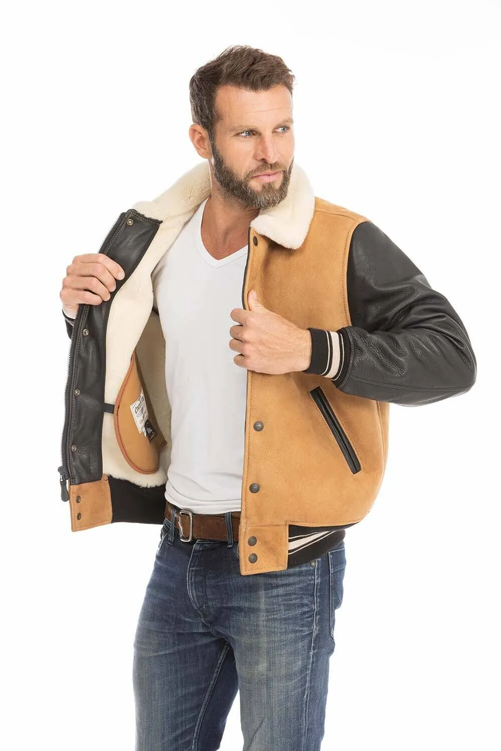 Men's tan and black leather jacket cockpit'usa z21a108