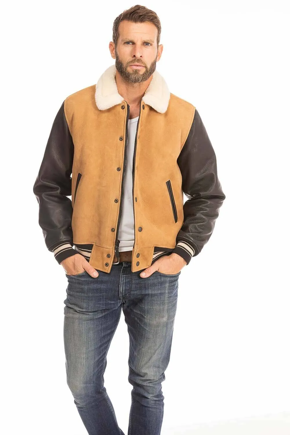 Men's tan and black leather jacket cockpit'usa z21a108