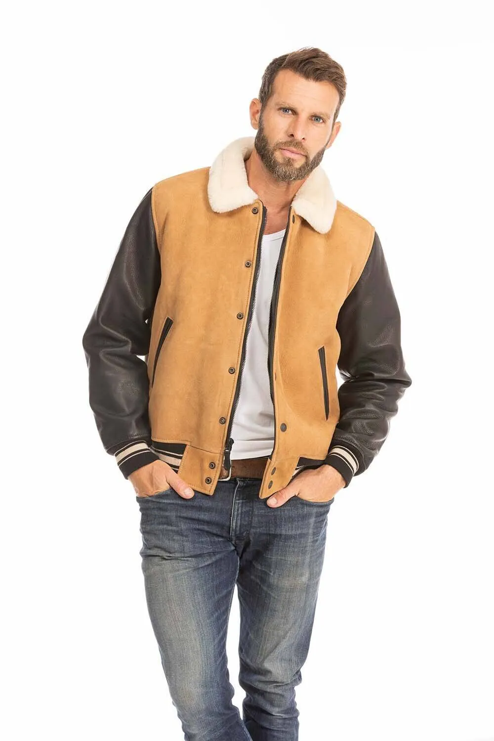 Men's tan and black leather jacket cockpit'usa z21a108