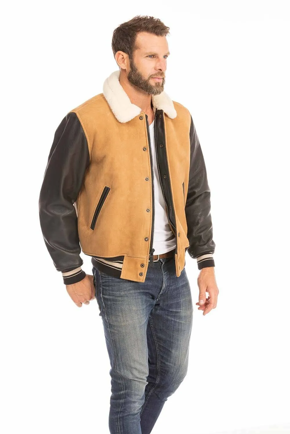 Men's tan and black leather jacket cockpit'usa z21a108