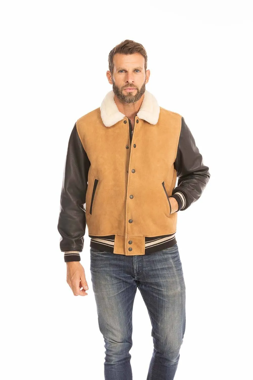 Men's tan and black leather jacket cockpit'usa z21a108