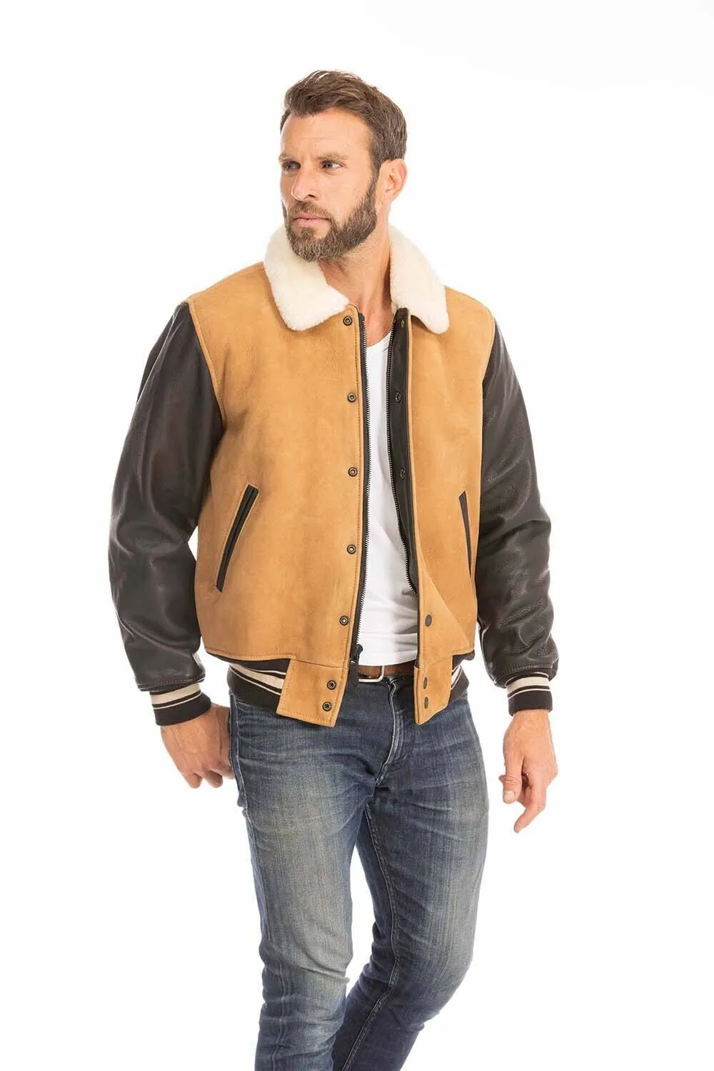 Men's tan and black leather jacket cockpit'usa z21a108