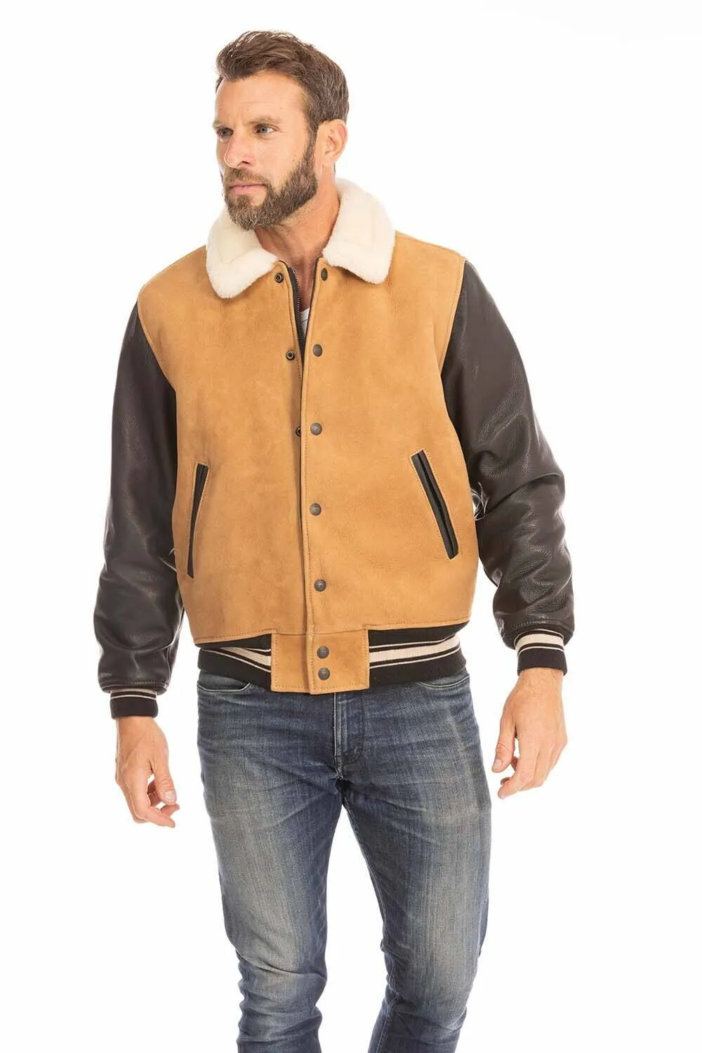 Men's tan and black leather jacket cockpit'usa z21a108