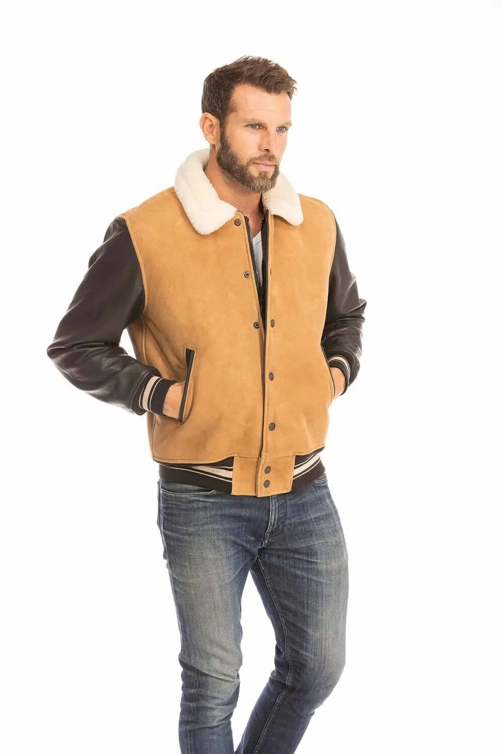 Men's tan and black leather jacket cockpit'usa z21a108