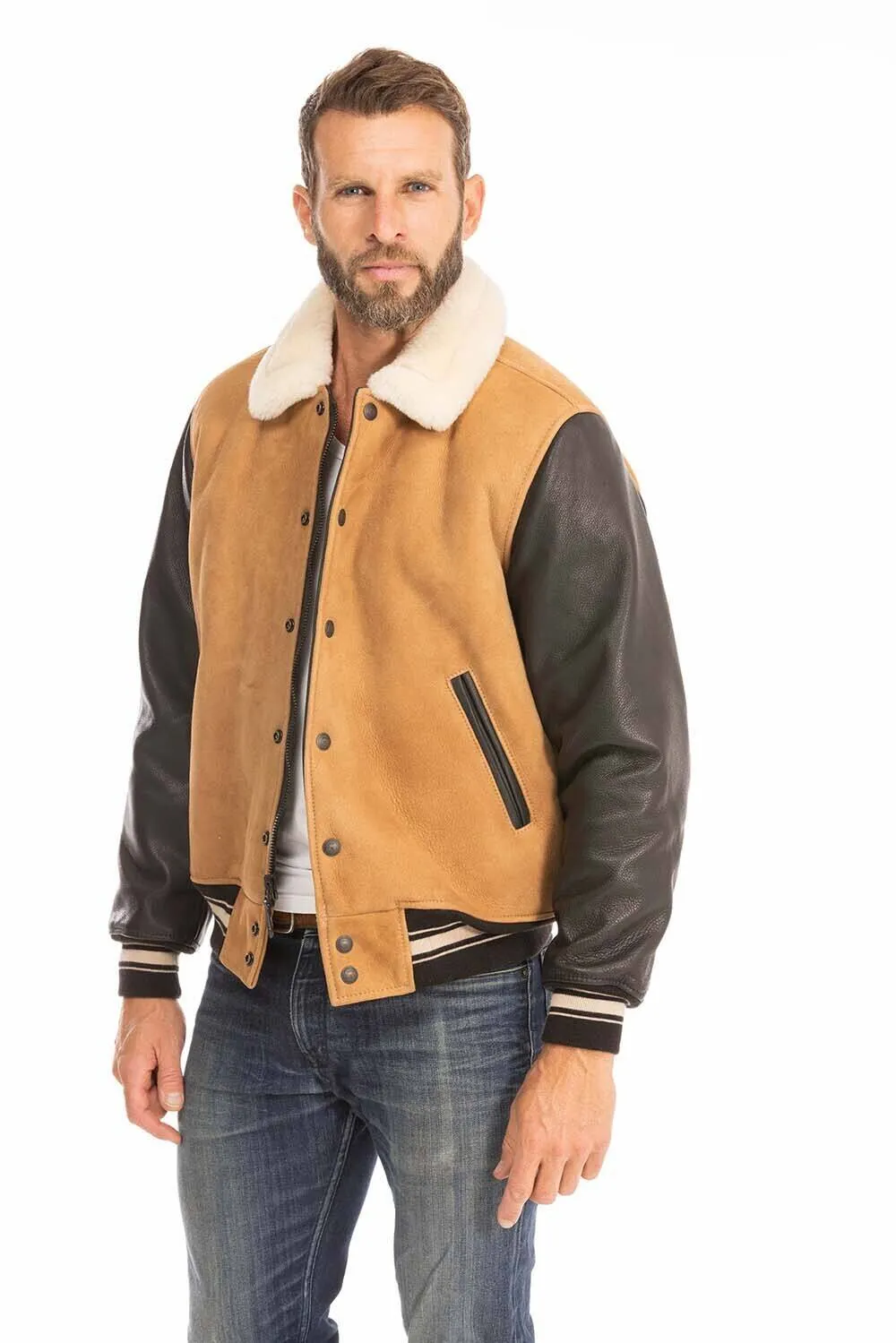 Men's tan and black leather jacket cockpit'usa z21a108