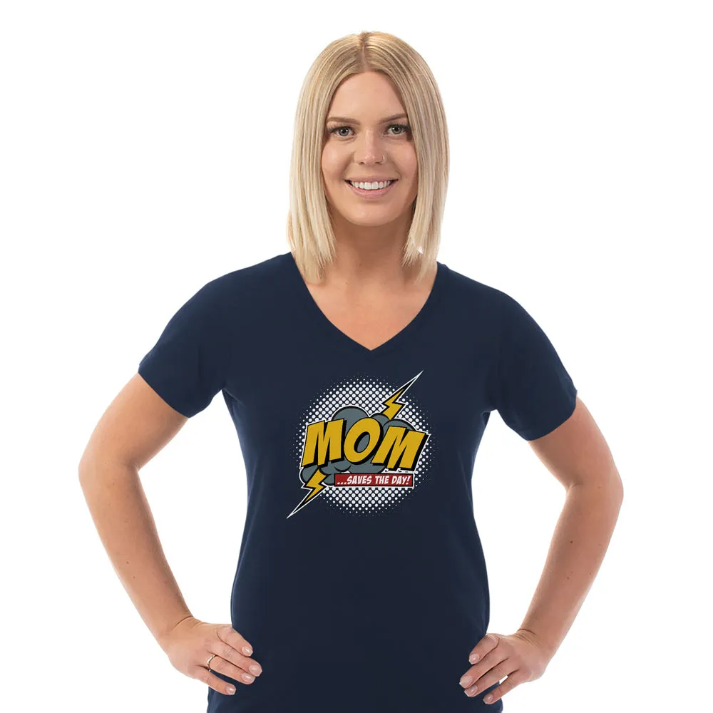 Mom Saves The Day Ladies Cotton V-Neck T-Shirt