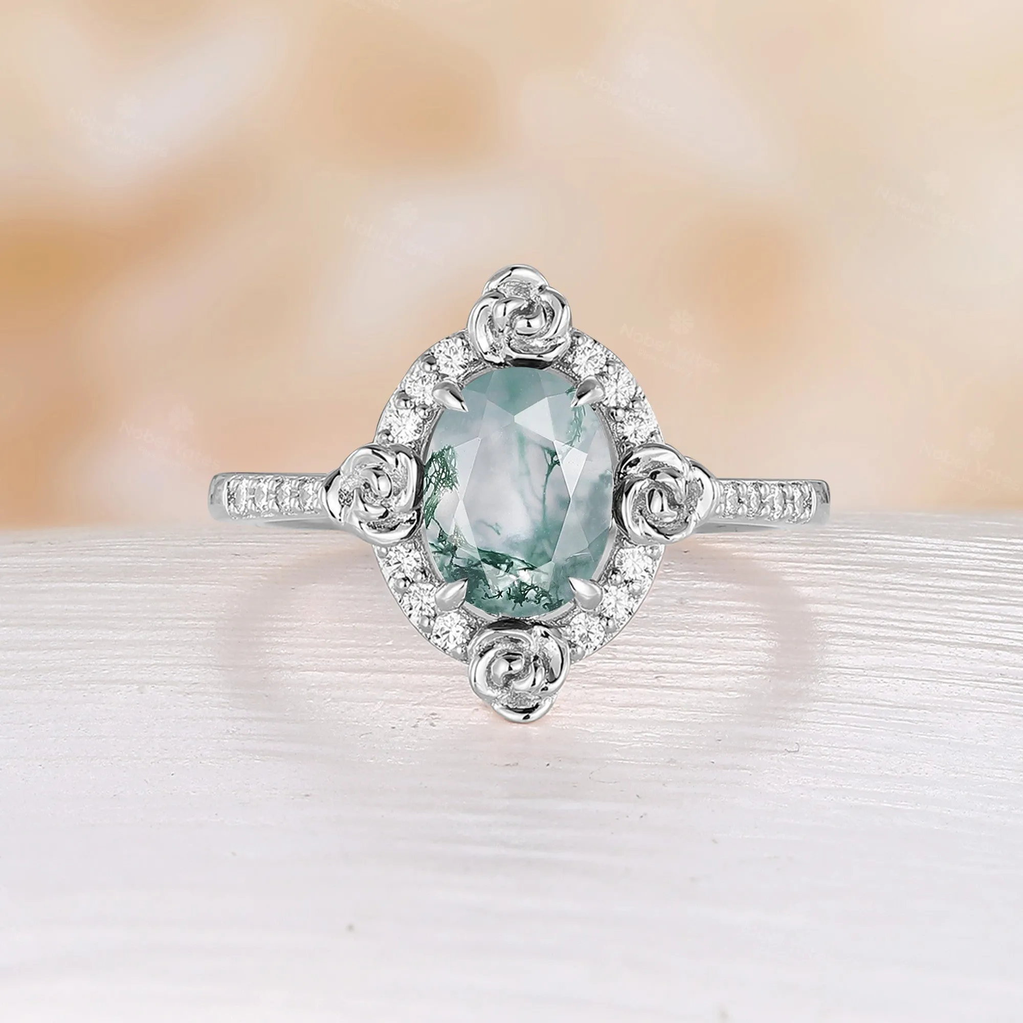 Nature Flower Oval Shape Lab Emerald Moissanite Halo Engagement Ring