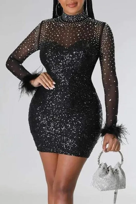 Party Dress Bedazzled Feather Long Sleeve Dress