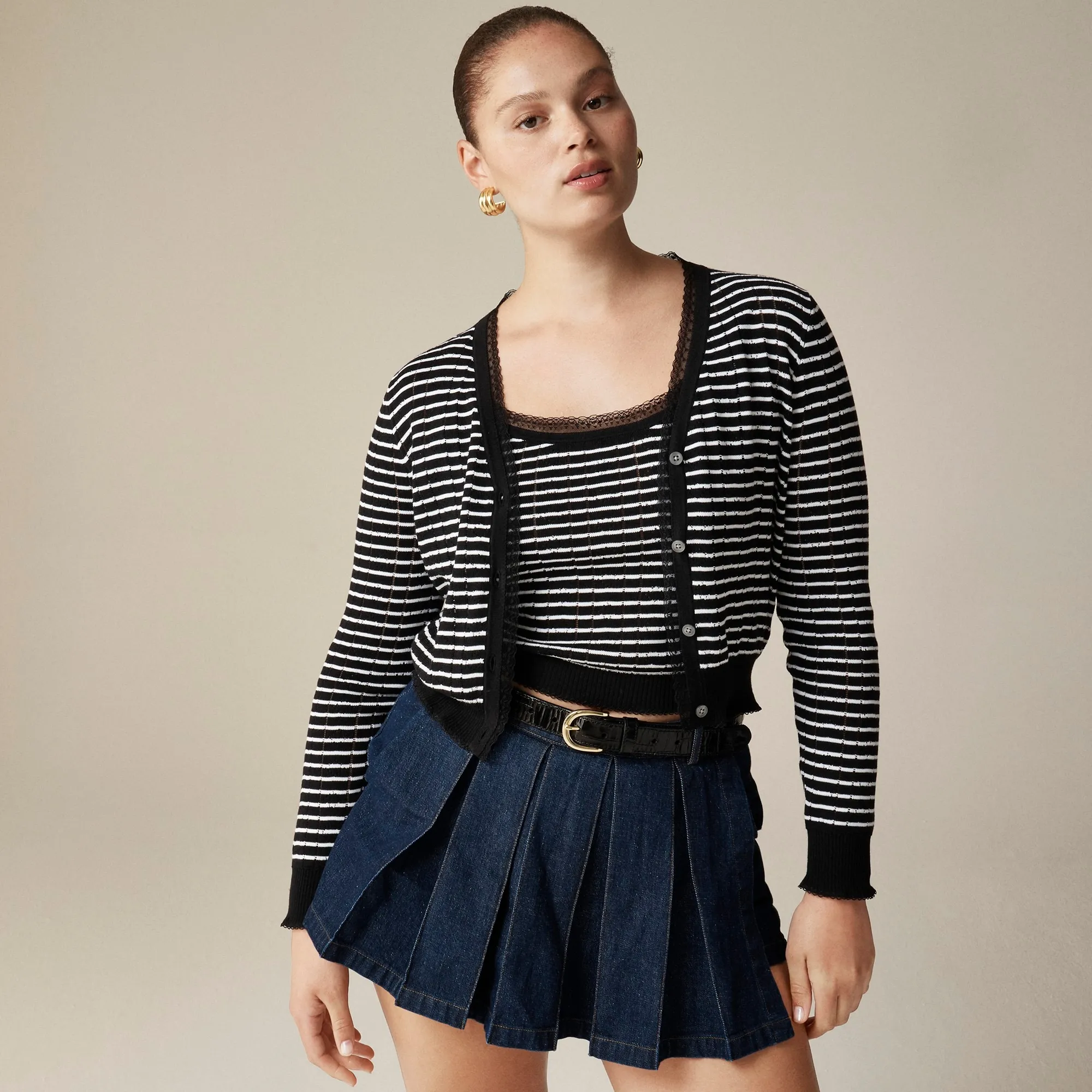 Pointelle V-neck cardigan in striped premium ultrafine cotton