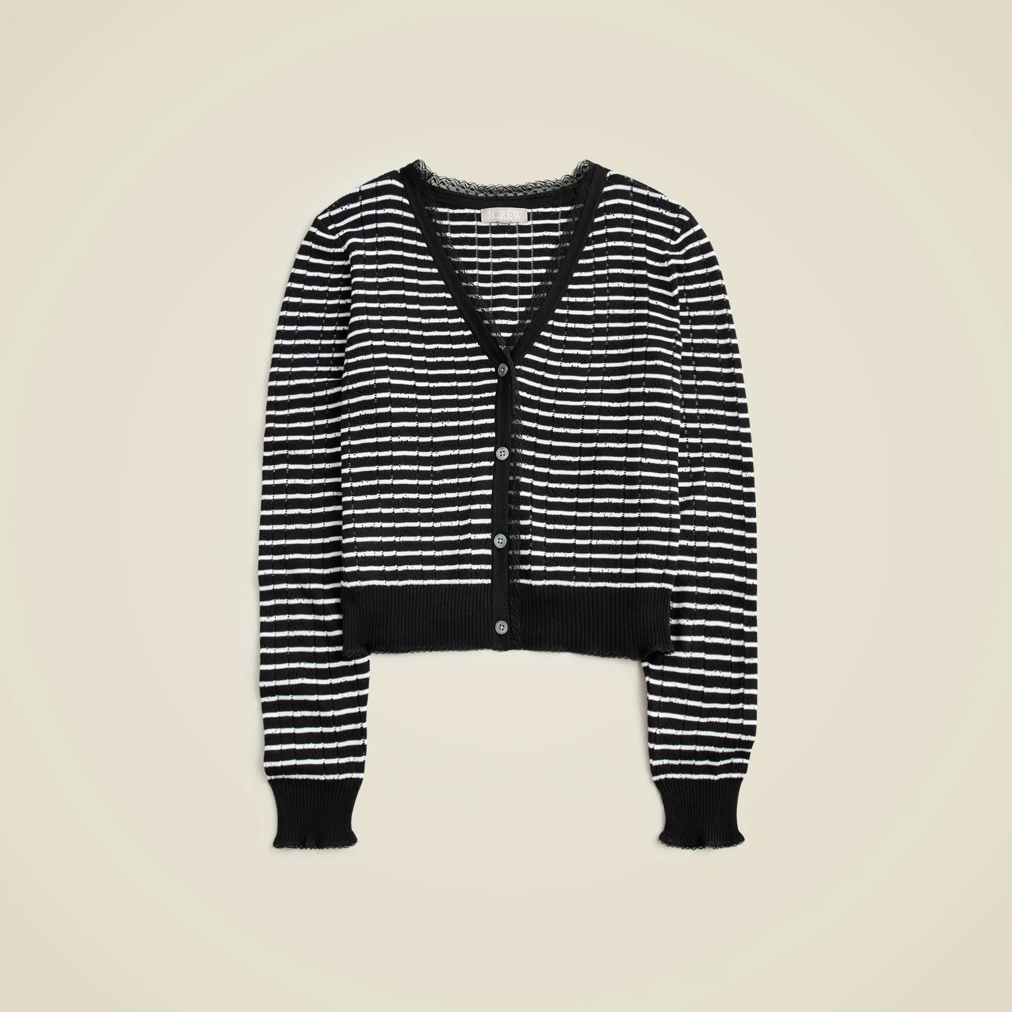 Pointelle V-neck cardigan in striped premium ultrafine cotton