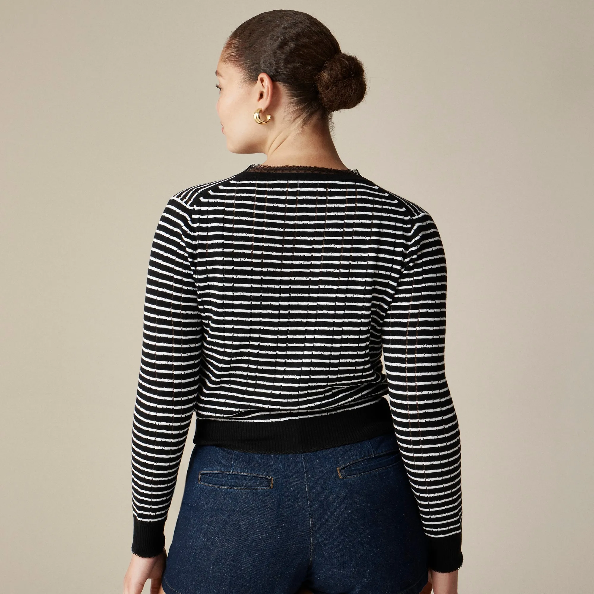 Pointelle V-neck cardigan in striped premium ultrafine cotton