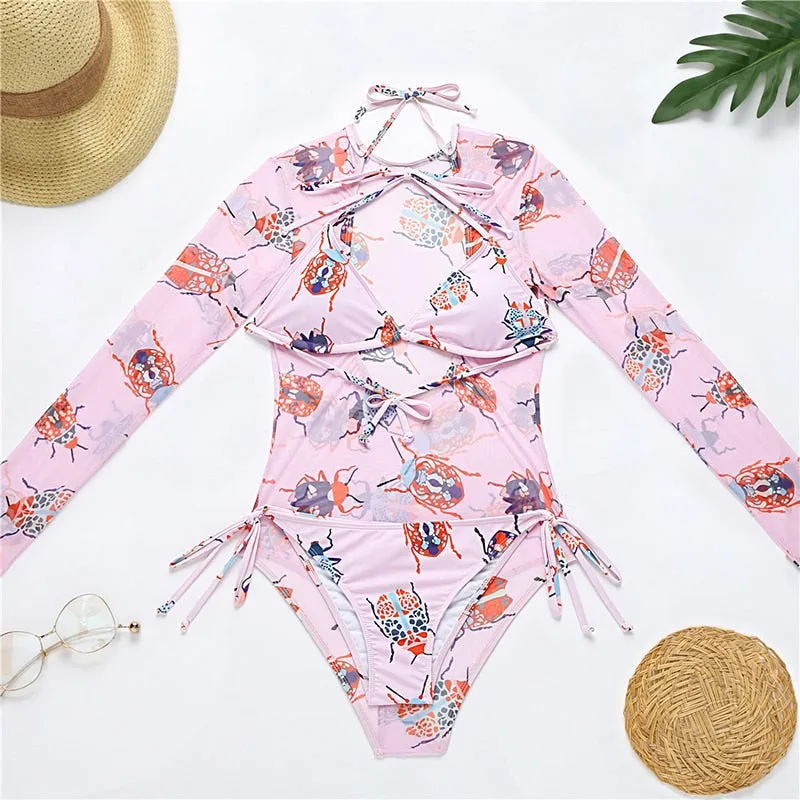 Printed 3 Piece Sexy Wirefree Padded Bra Low Waist Bottom Mini Bikini Set