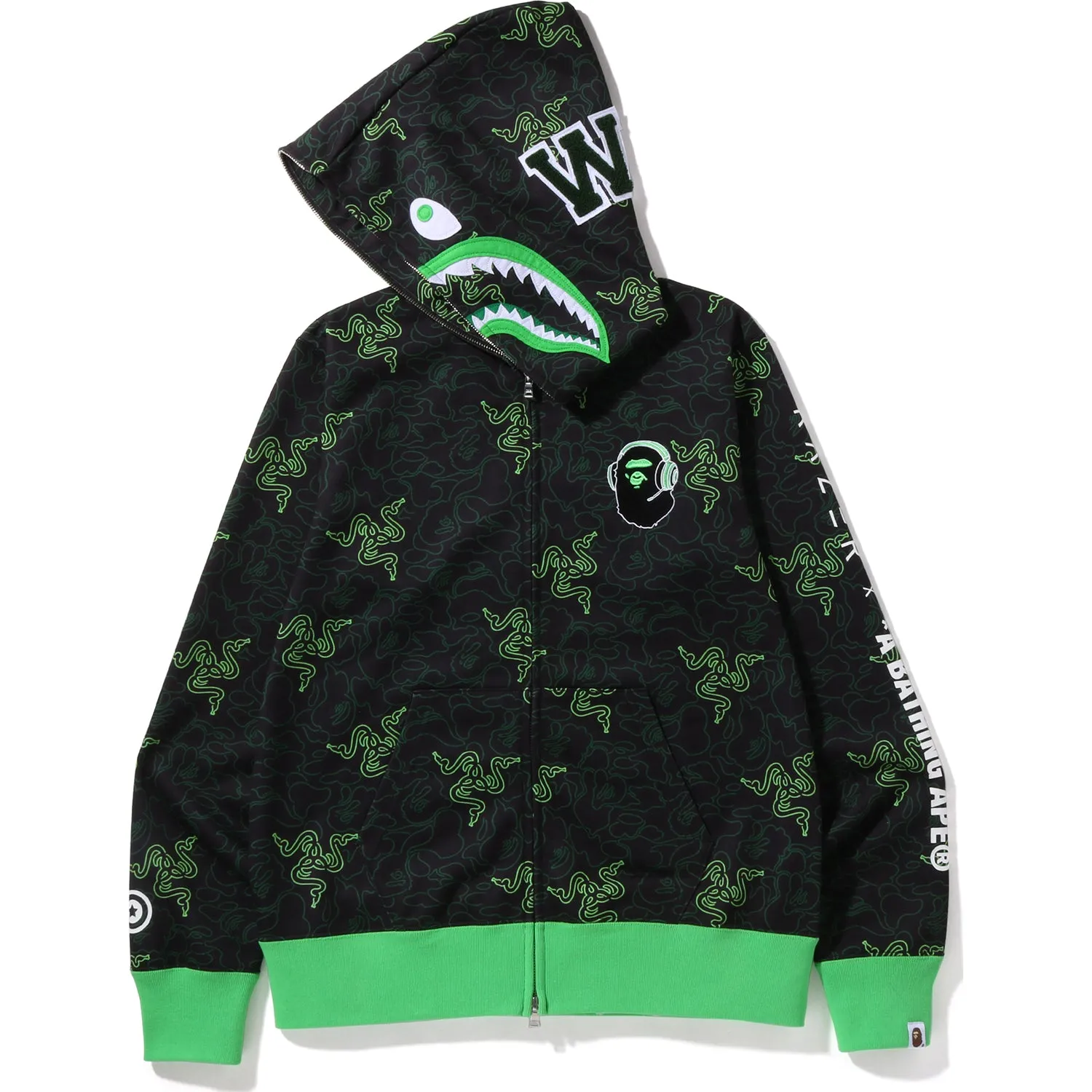 RAZER X A BATHING APE NEON CAMO SHARK FULL ZIP HOODIE MENS