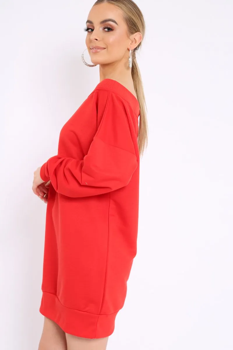 Red Bardot Sweater Dress - Ariel