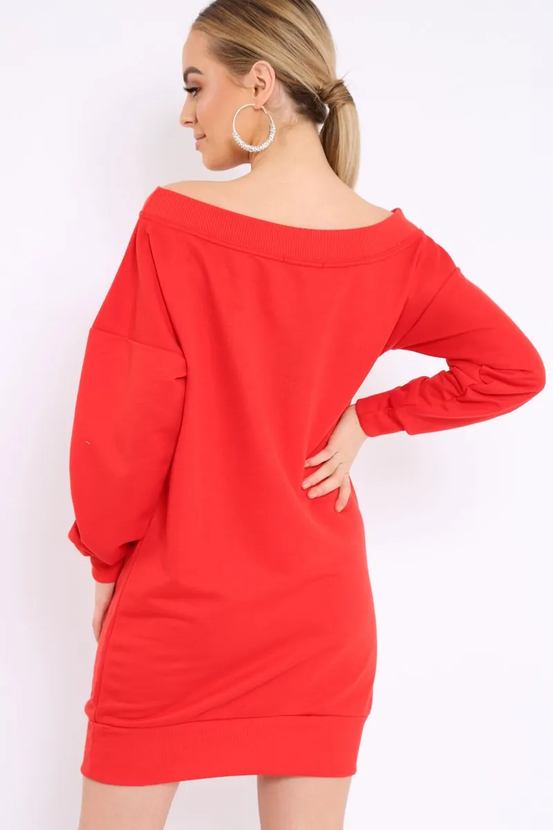 Red Bardot Sweater Dress - Ariel