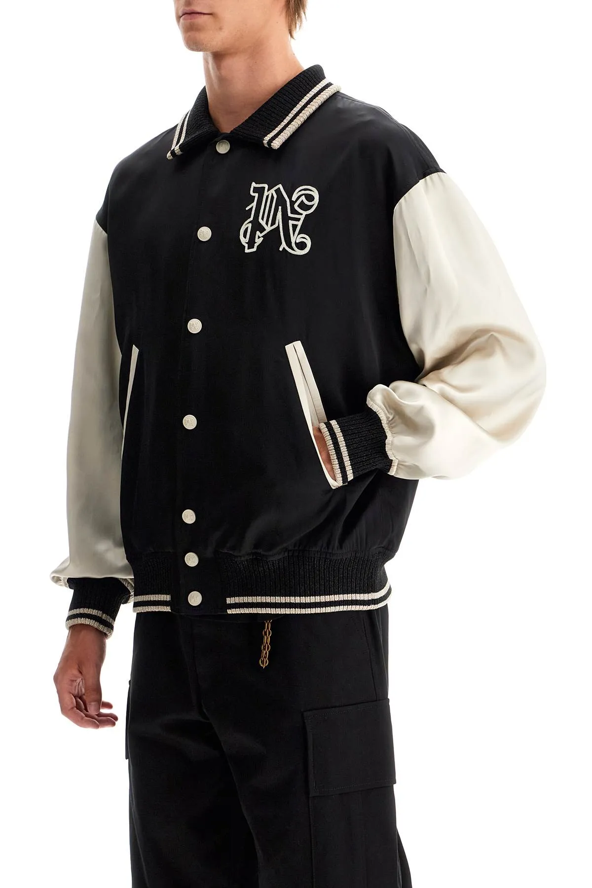 satin varsity jacket for PMEK007F24FAB001 BLACK LIGHT BEIGE