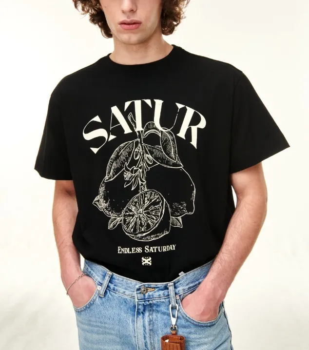 SATUR  |Unisex U-Neck Cotton Oversized Logo T-Shirts