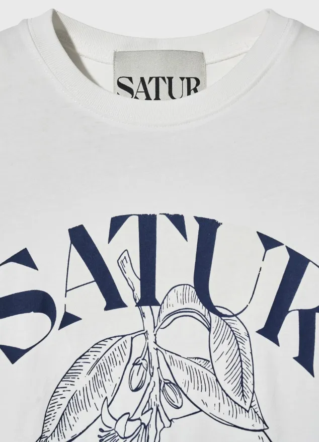 SATUR  |Unisex U-Neck Cotton Oversized Logo T-Shirts