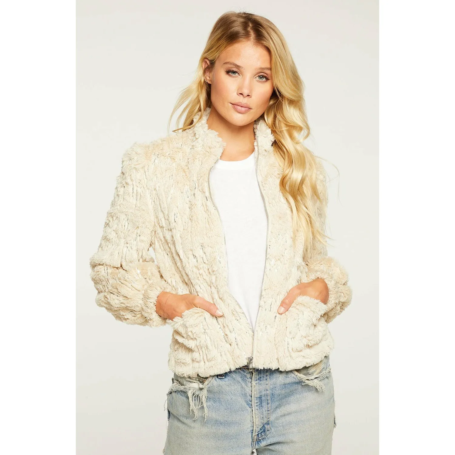 Sequin Faux Fur Puff Sleeve Jacket