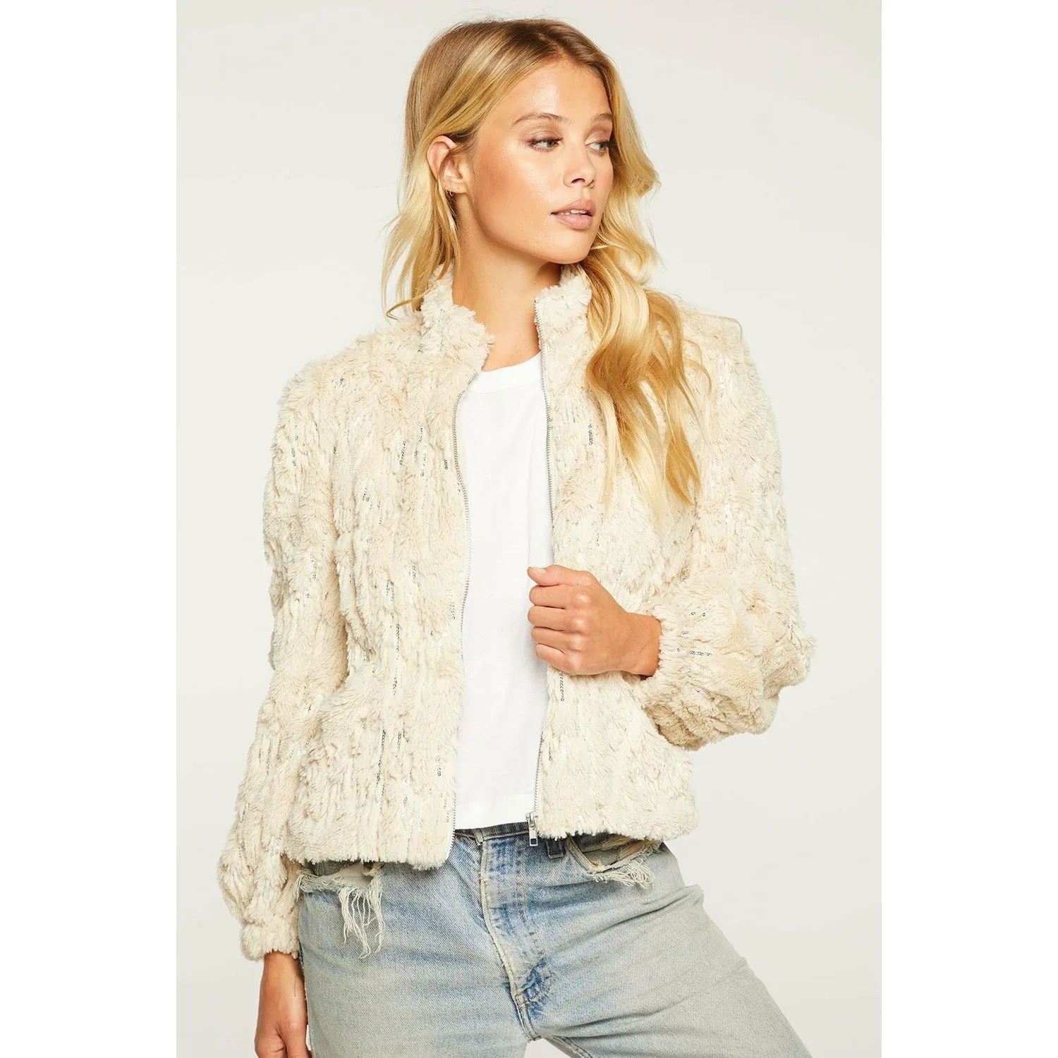 Sequin Faux Fur Puff Sleeve Jacket