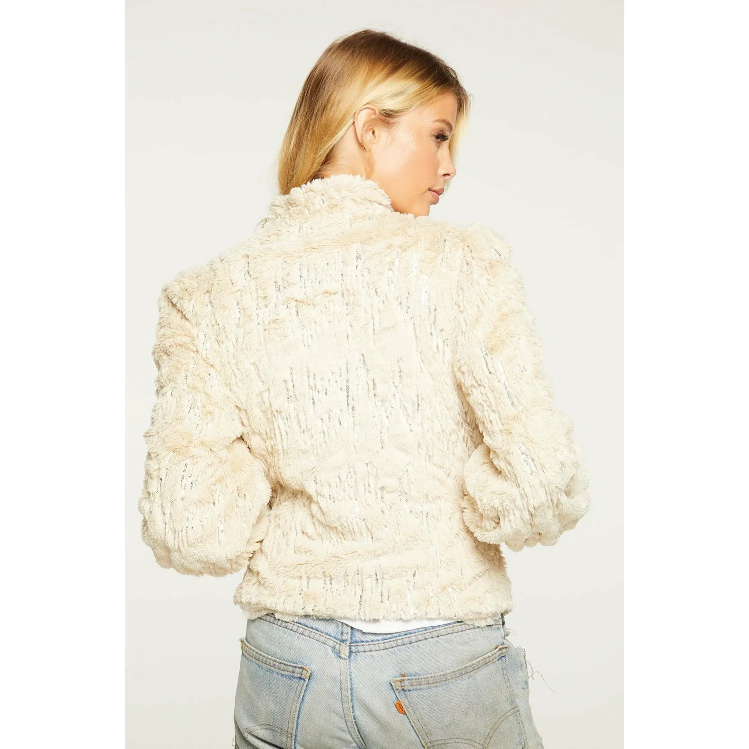 Sequin Faux Fur Puff Sleeve Jacket