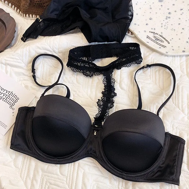 Sexy satin soft underwire small chest push up half cup bra set