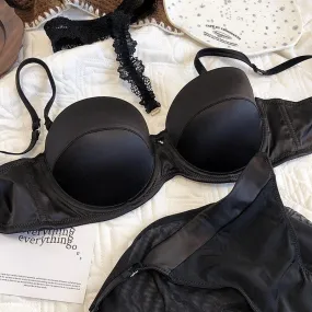 Sexy satin soft underwire small chest push up half cup bra set