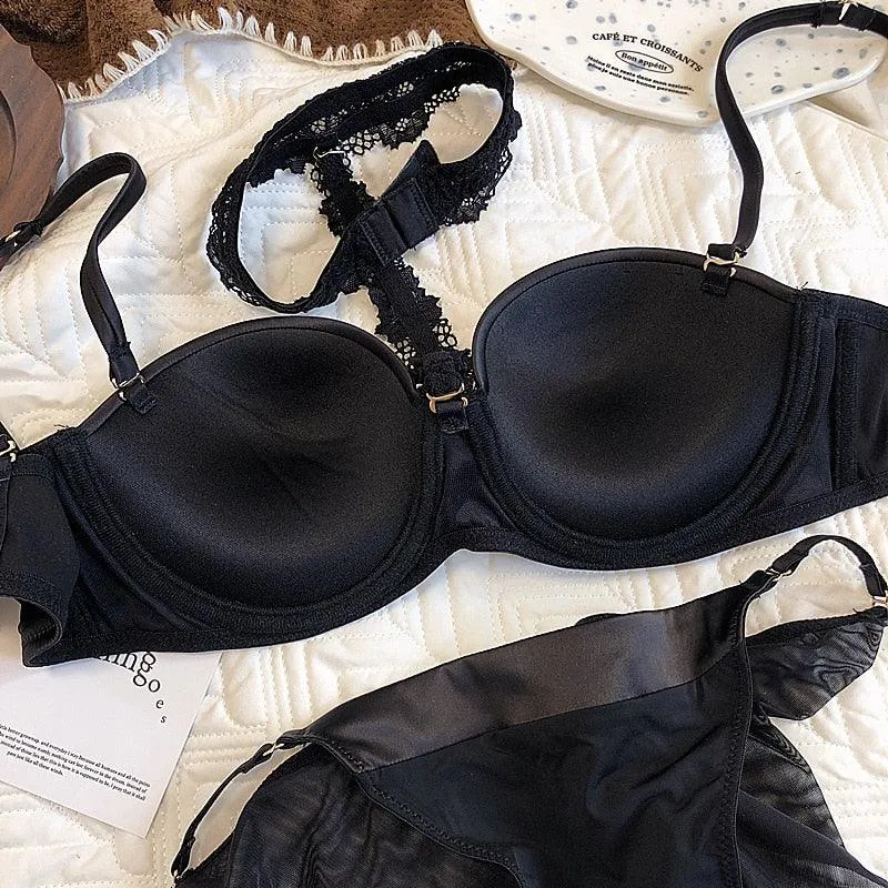 Sexy satin soft underwire small chest push up half cup bra set