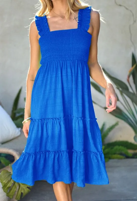 SMOCKED SLEEVELESS RUFFLE MIDI DRESS