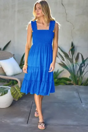 SMOCKED SLEEVELESS RUFFLE MIDI DRESS