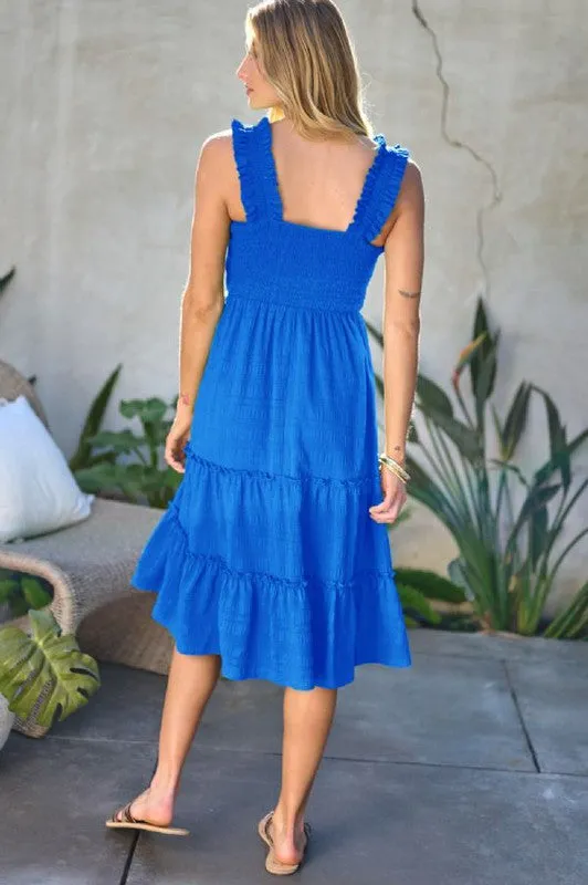 SMOCKED SLEEVELESS RUFFLE MIDI DRESS