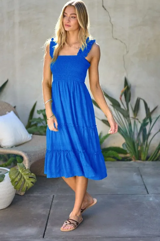 SMOCKED SLEEVELESS RUFFLE MIDI DRESS