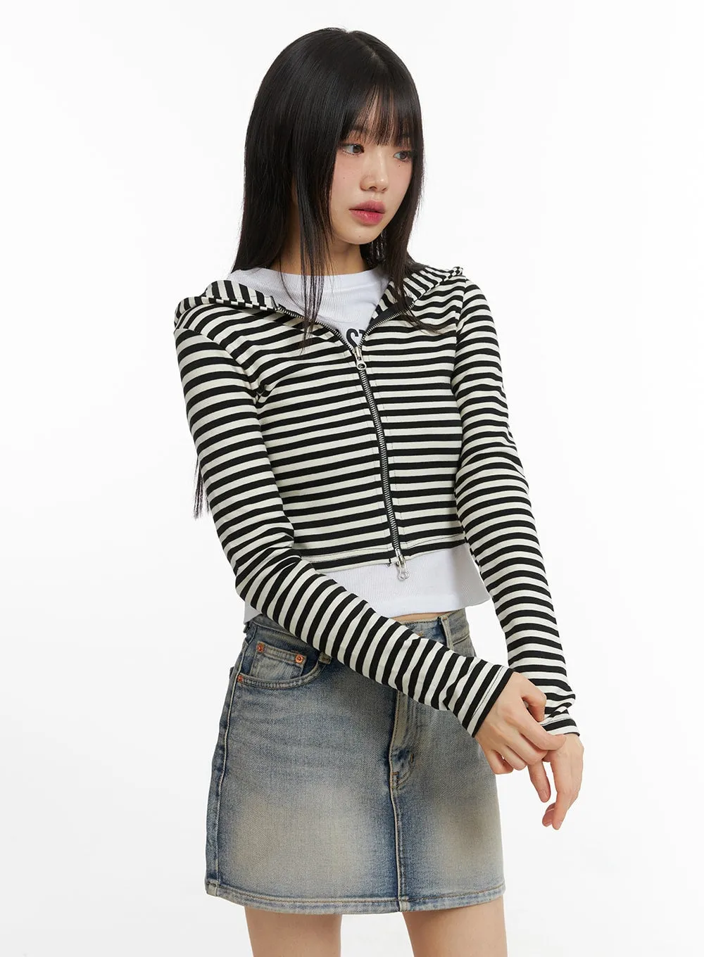 Stripe Hooded Crop Zip-Up Top CJ412