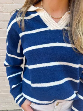 Striped Collarded Sweater- Navy/ Cream