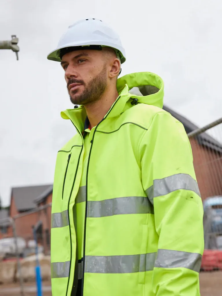 TAPED HI VIS SOFT SHELL JACKET WITH HOOD