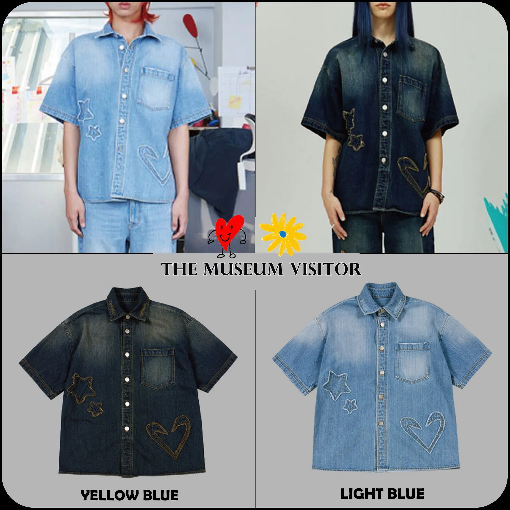 THE MUSEUM VISITOR  |[THE MUSEUM VISITOR]★STAR DAMAGED DENIM HALF SHIRTS